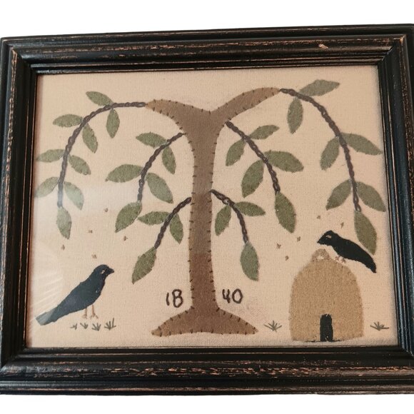 Colonial Primiitive Blackbirds Crows And Tree Needlework Applique Picture Art - Picture 1 of 10